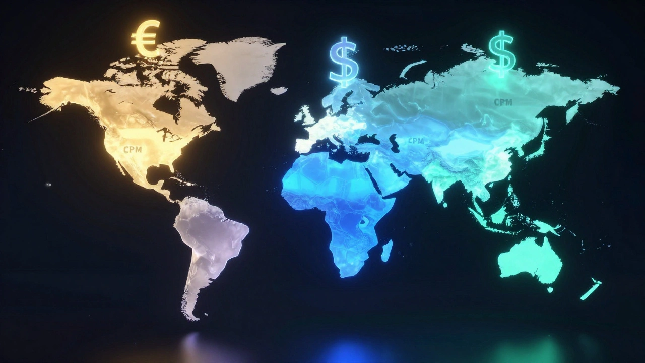 3D holographic world map highlighting different geographic advertising pricing tiers.