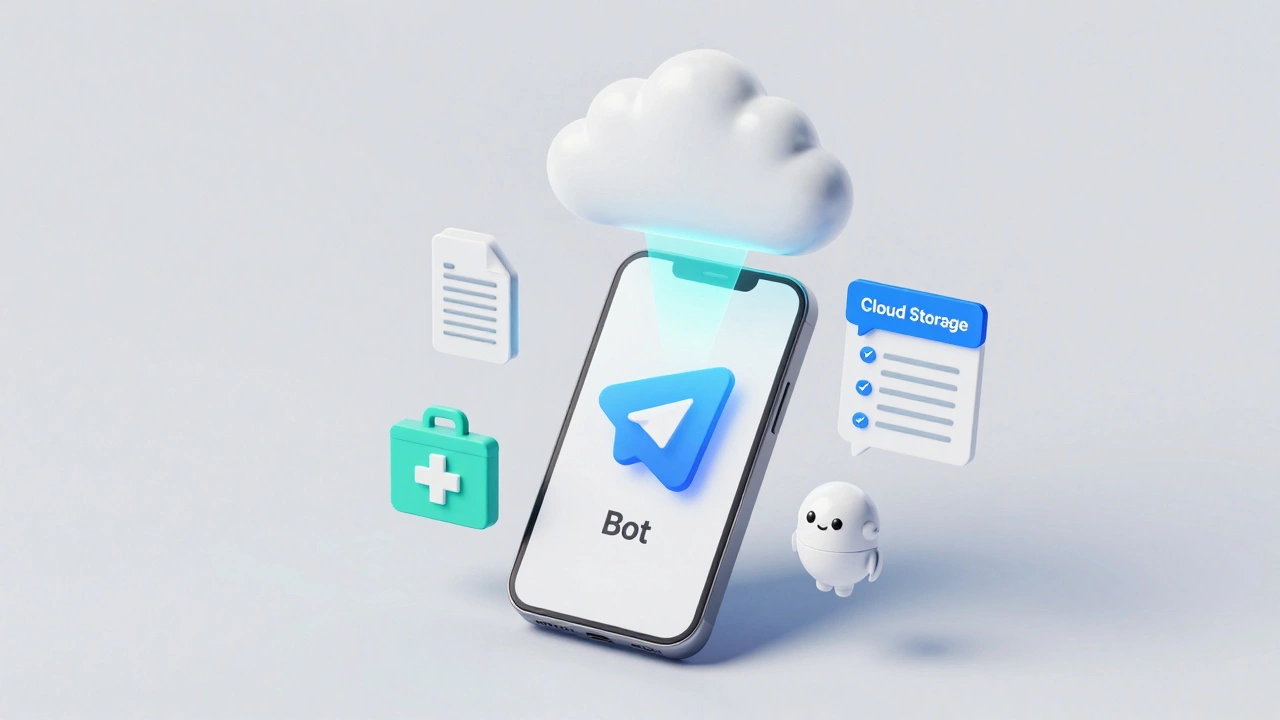 3D illustration of a smartphone connected to a cloud with medical icons and a health bot.