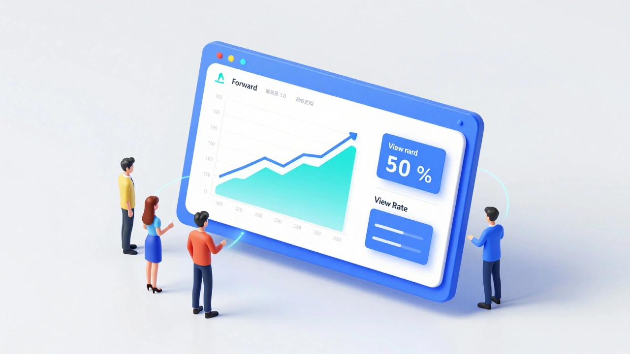 3D isometric dashboard showing engagement metrics and view rates with stylized user avatars.