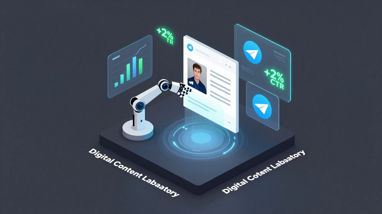 3D isometric illustration of a digital lab testing Telegram thumbnails with holographic data.