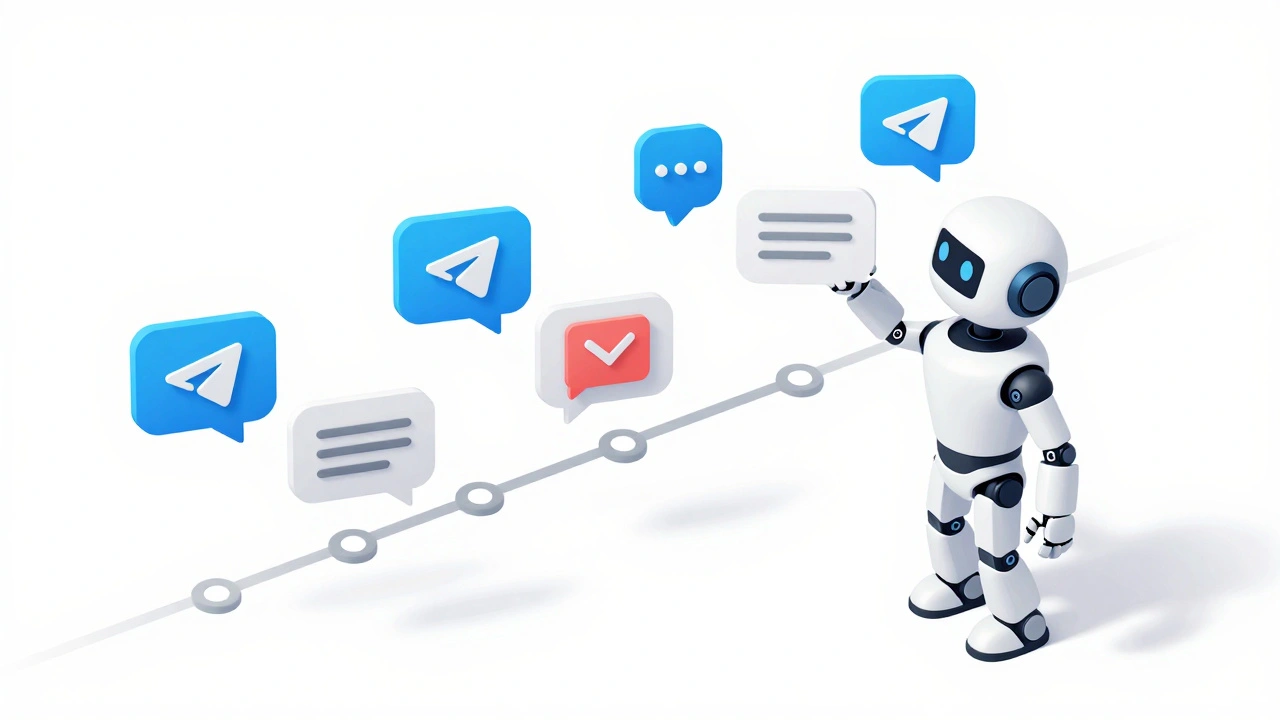 3D isometric illustration of a robot organizing a sequence of chat bubbles.