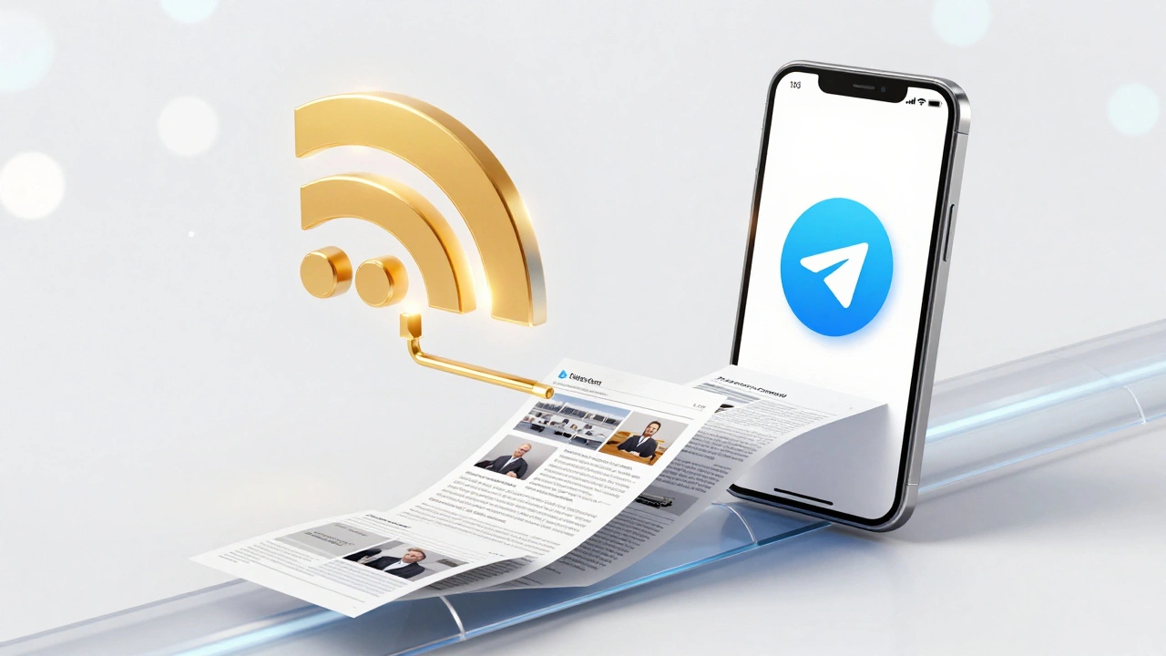 3D render of an RSS feed pipeline automating news delivery to a smartphone