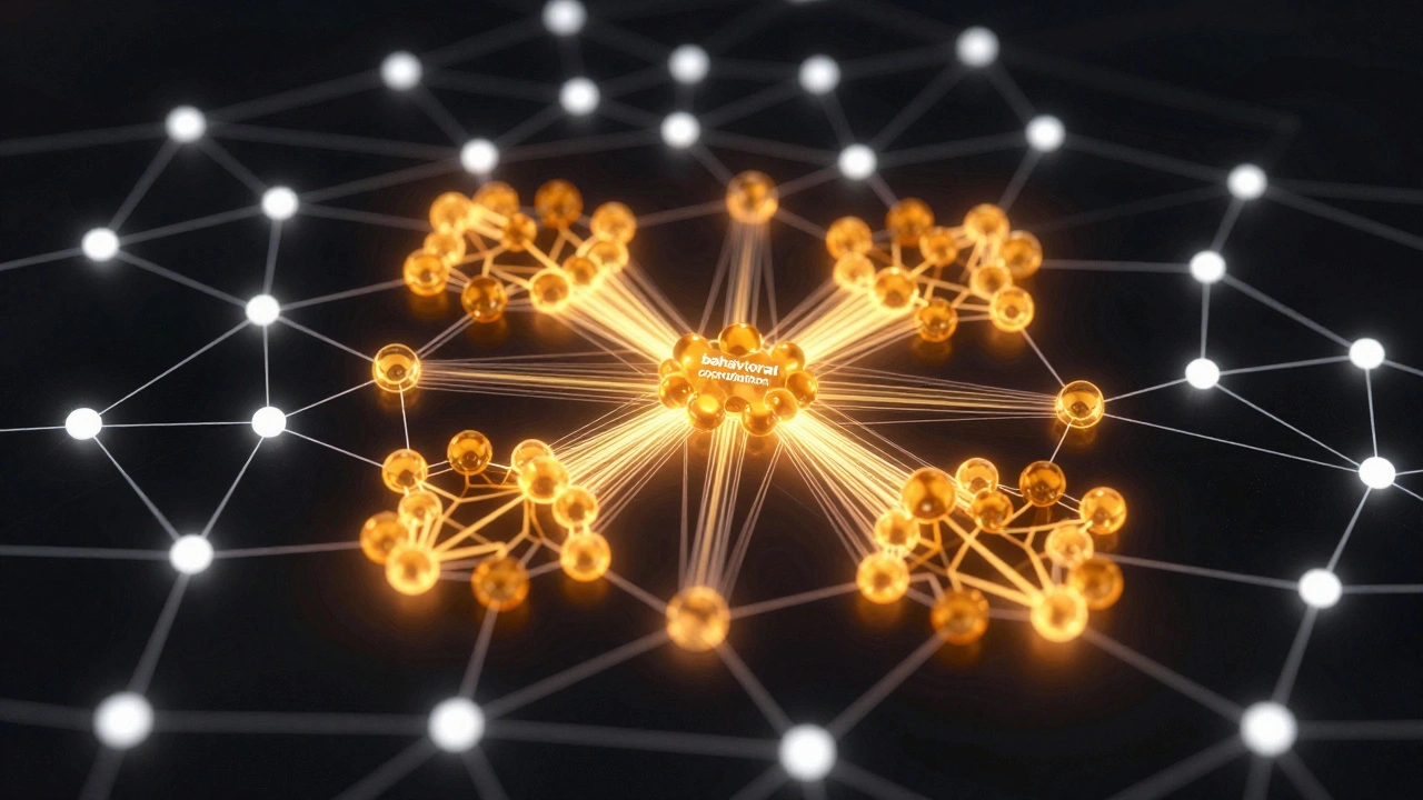A 3D digital network map highlighting clusters of coordinated accounts in amber against a dark background.