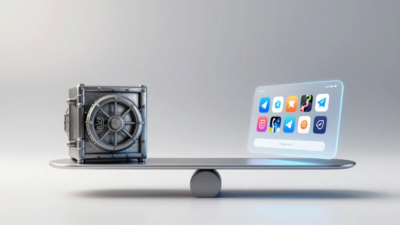 A balance scale weighing a heavy iron security vault against a sleek holographic app interface.