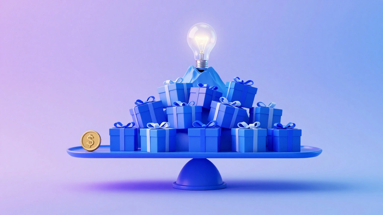 A balance scale where a large pile of value outweighs a single golden coin.