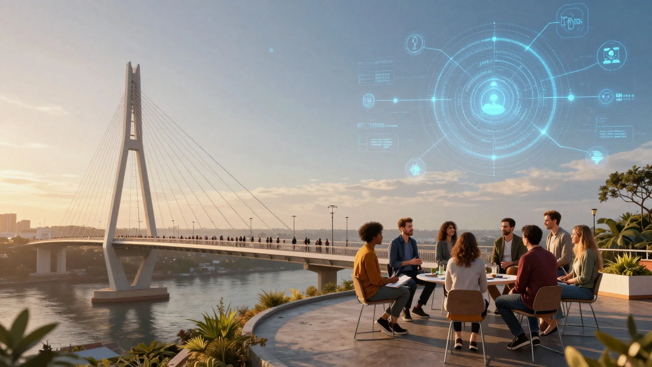 A bridge connecting a broadcast tower to a community hub where people are interacting.