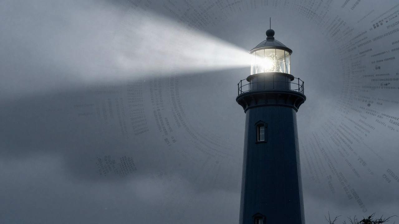 A bright lighthouse emitting a clear beam of light to cut through a storm of digital noise and pixels.