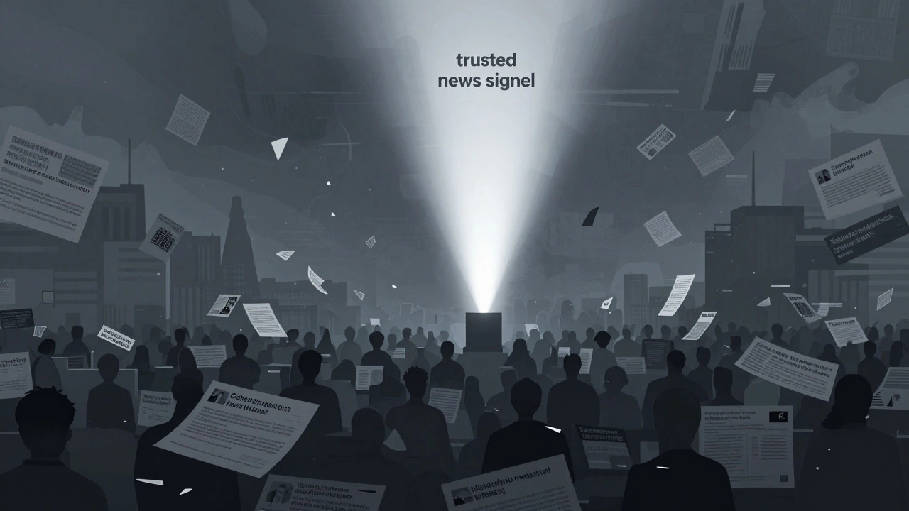 A bright white beacon of truth standing out against a chaotic storm of grey digital noise.