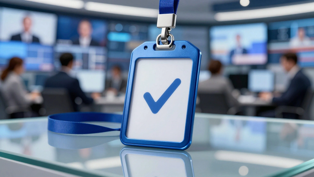 A close-up of a blue verification badge on a glass surface with a blurred newsroom in the background.