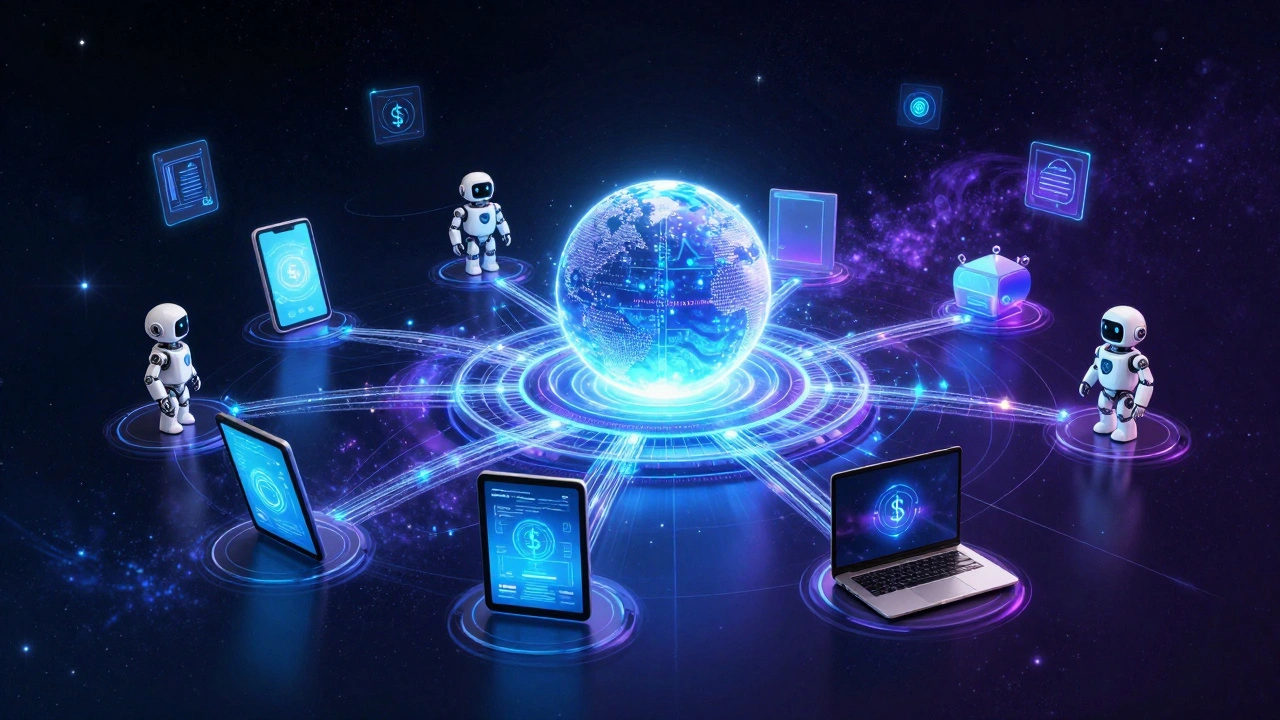 A cloud-based digital hub connecting various devices with bots and currency symbols.