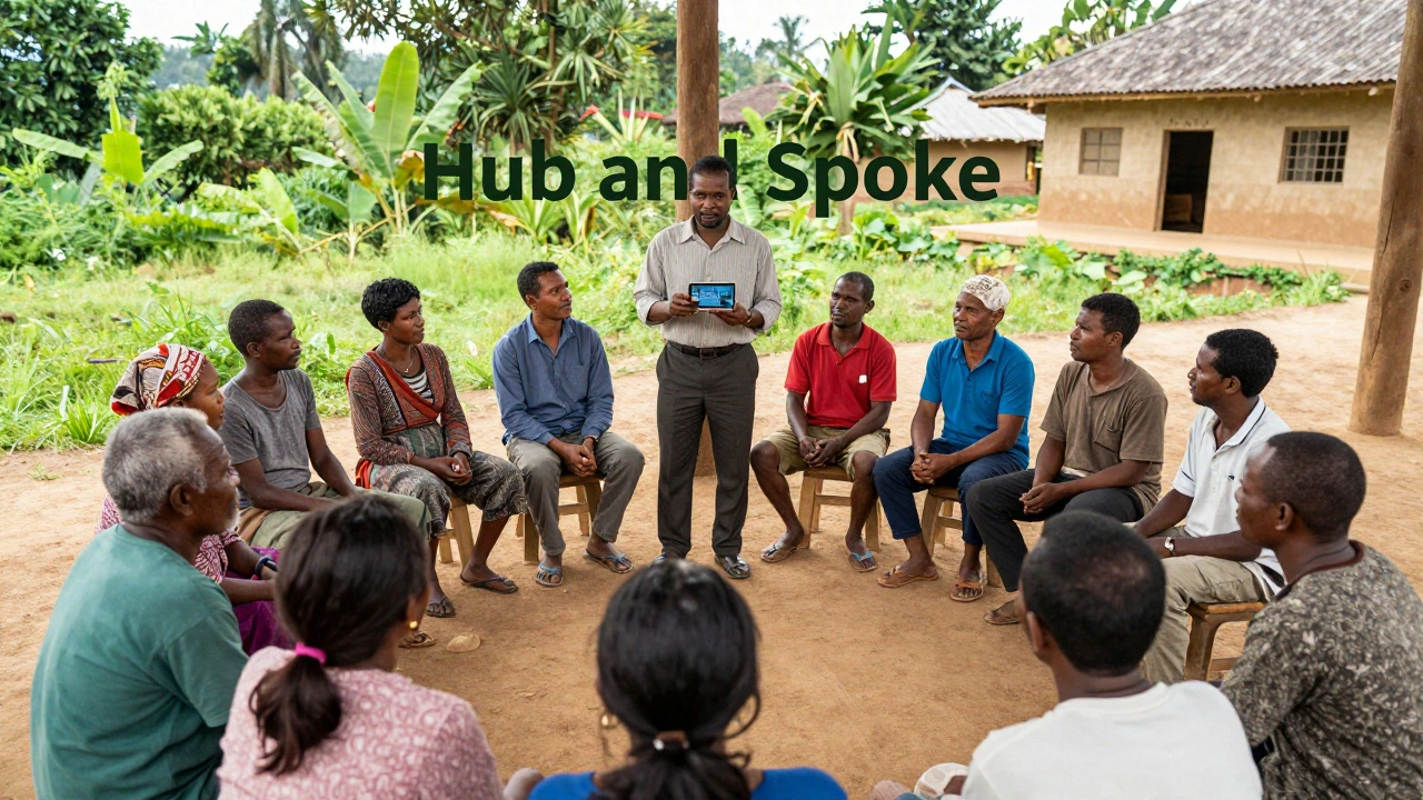 A community leader sharing health information from a phone with villagers in a rural setting.