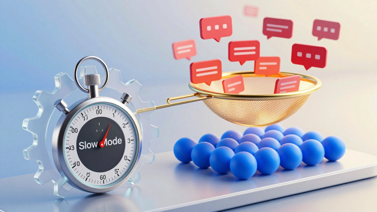 A conceptual 3D render of a digital filter and stopwatch symbolizing slow mode and orderly moderation.