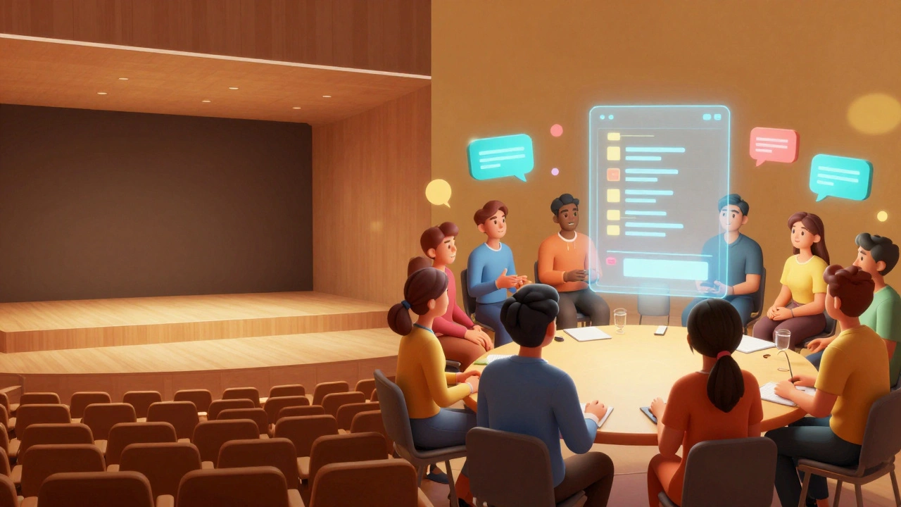 A contrast between a lonely digital space and a warm, active community circle with holographic discussion elements.