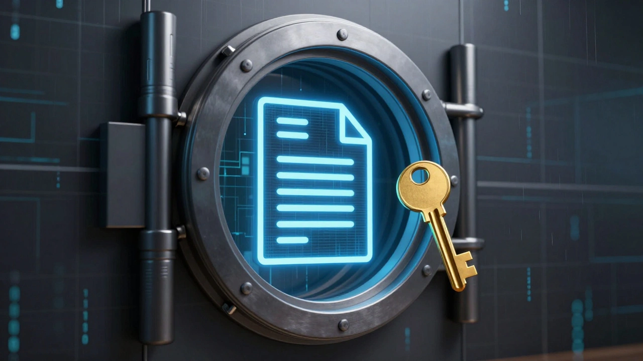 A digital document inside a futuristic vault with a golden key for encryption