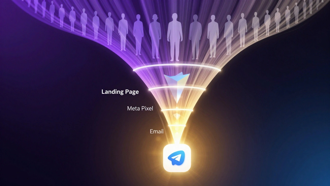 A digital funnel transforming a wide stream of visitors into a concentrated group of Telegram members.