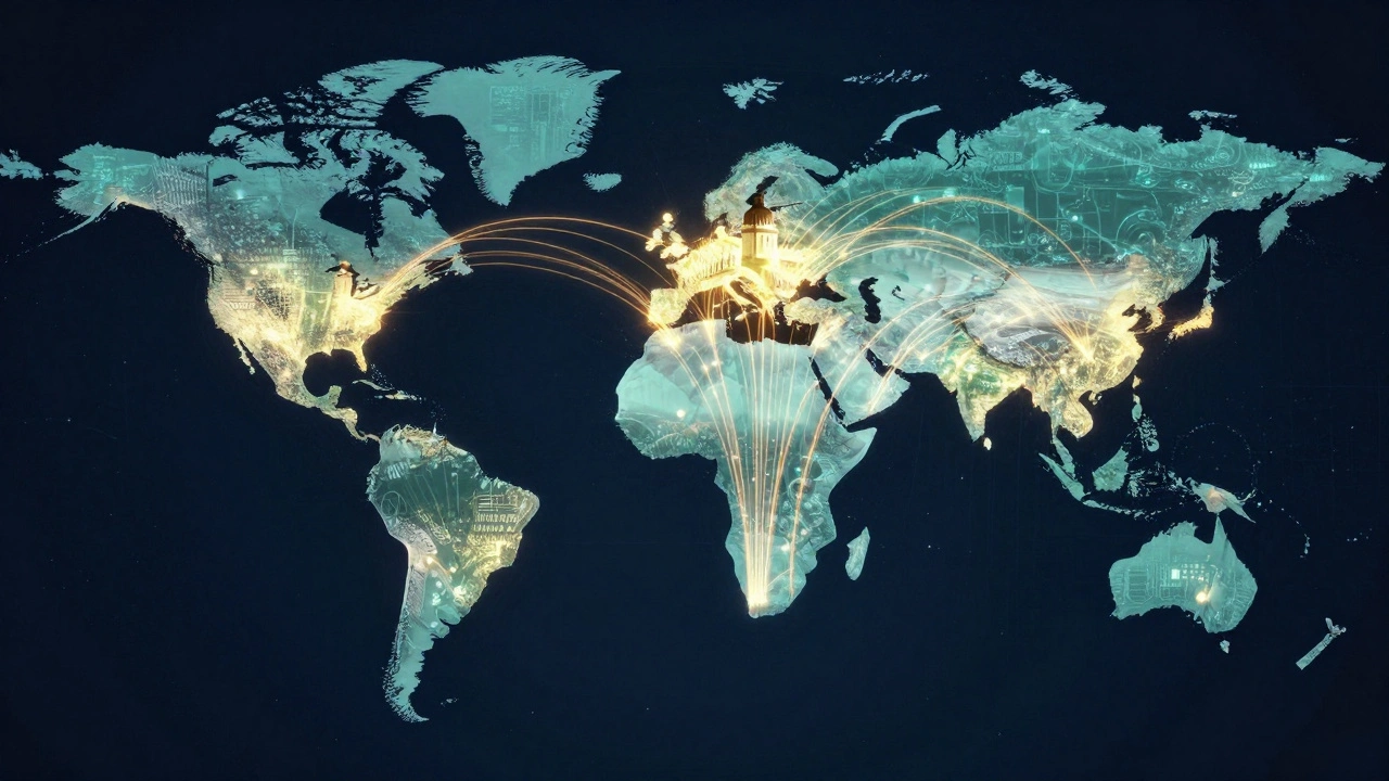 A digital world map with golden data streams flowing toward government silhouettes.