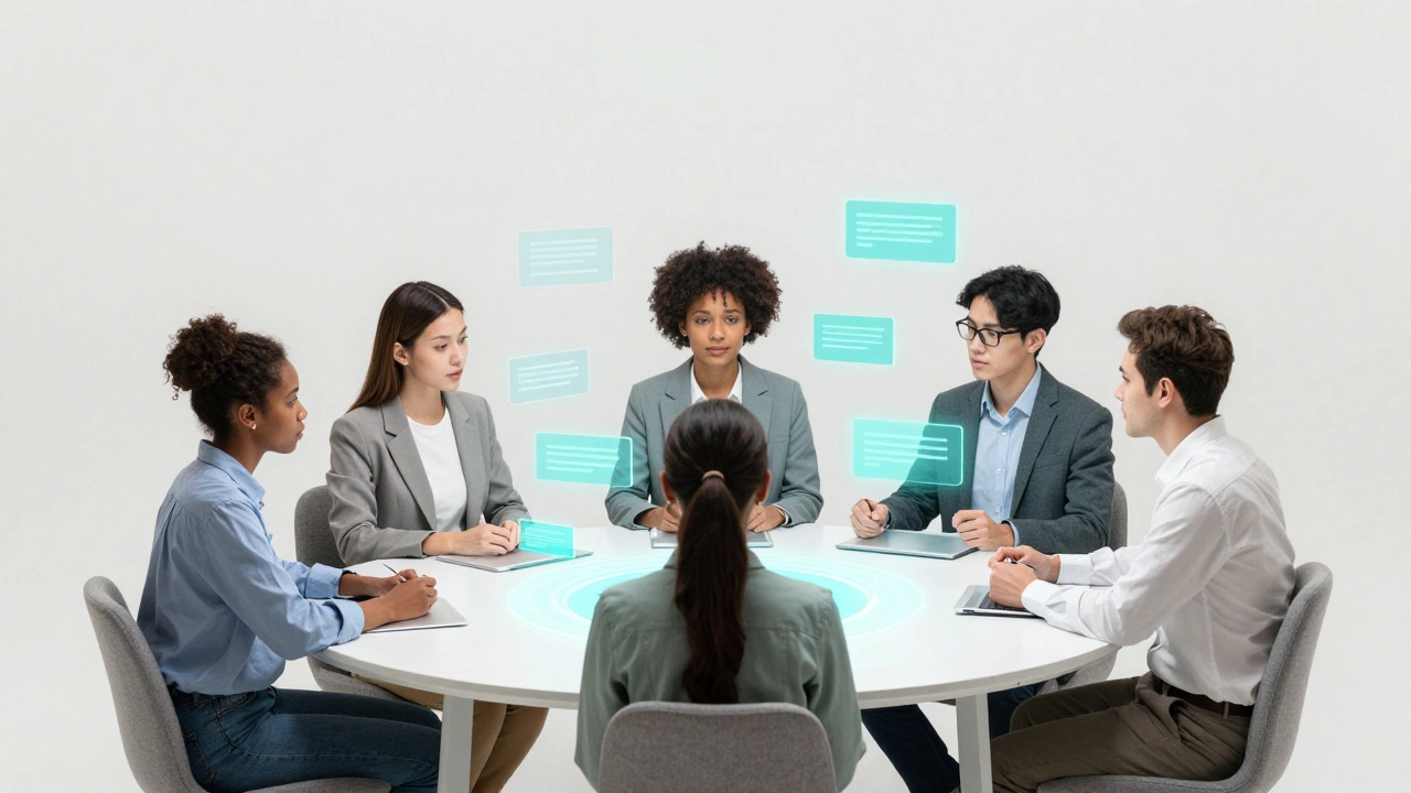A diverse team of moderators collaborating around a holographic table to review community content.