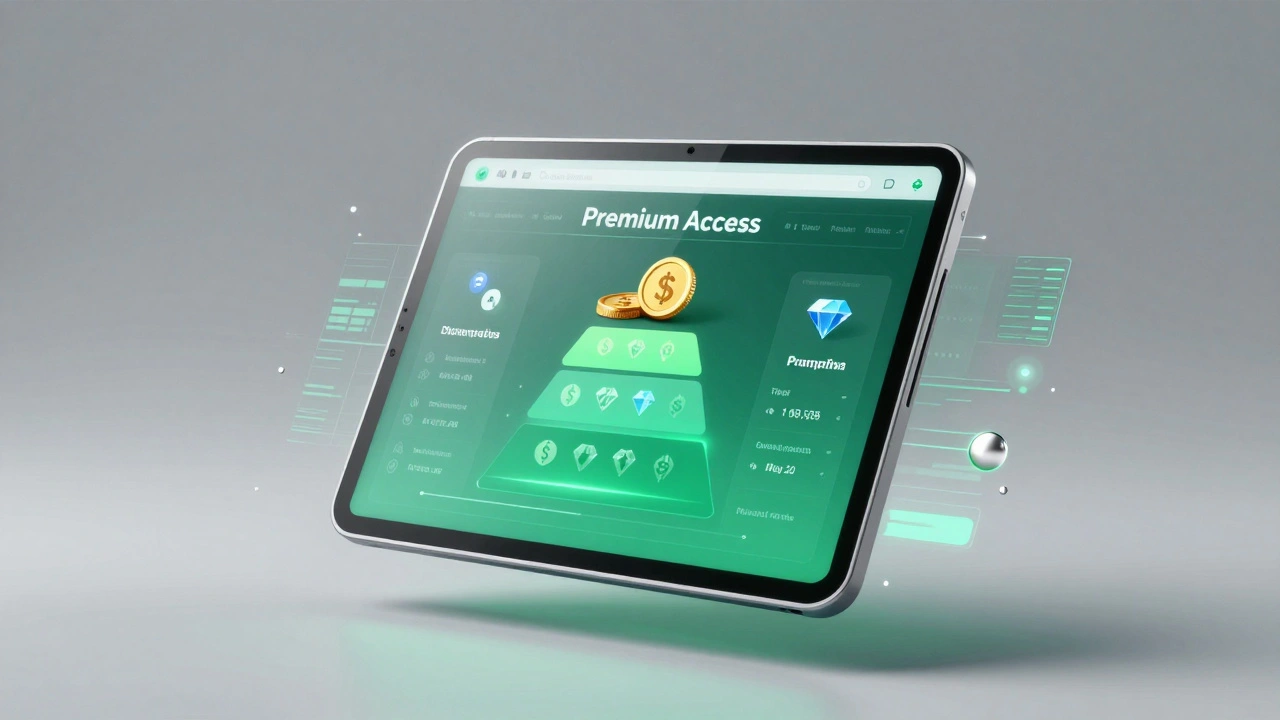 A futuristic tablet displaying a premium subscription dashboard for a digital news service.