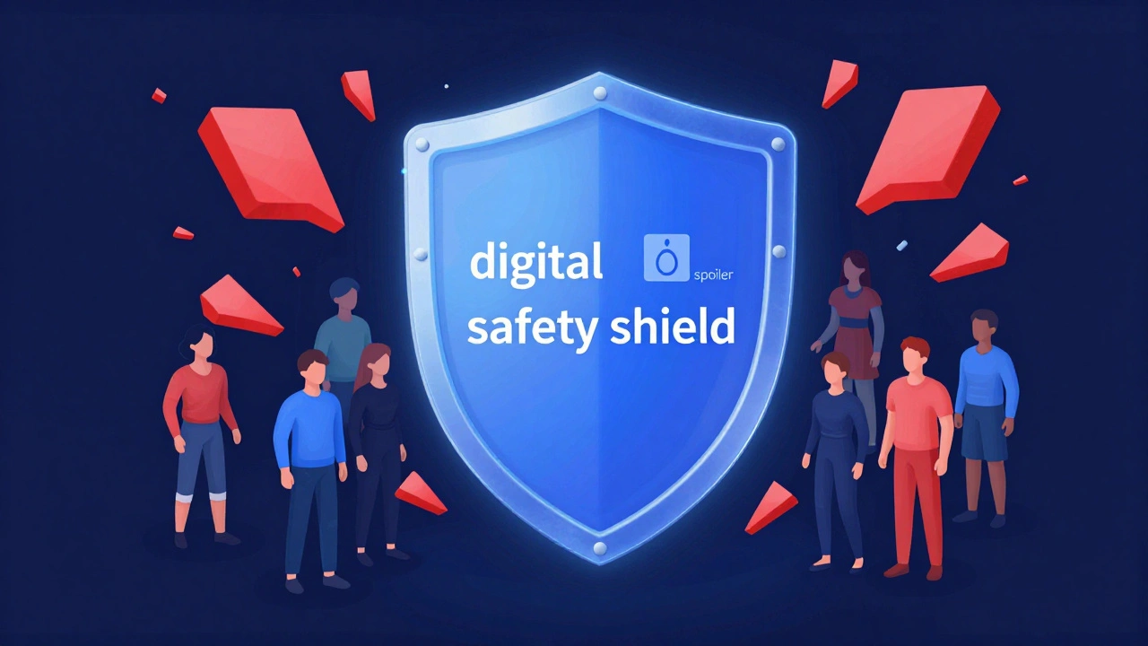 A glowing blue digital shield protecting users from red abstract shards of toxic content.