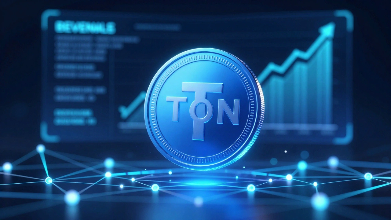 A glowing blue Toncoin floating over a digital blockchain network with a revenue growth chart.