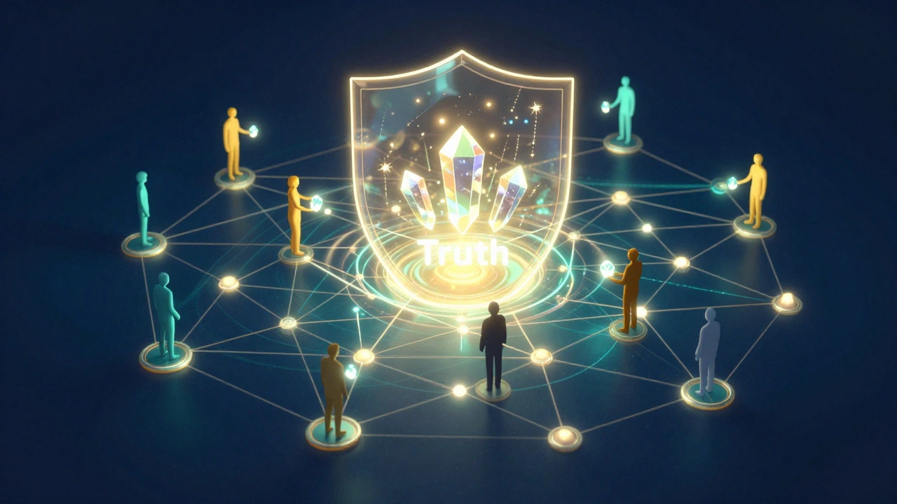 A glowing decentralized network of people collaborating to verify a central core of truth.