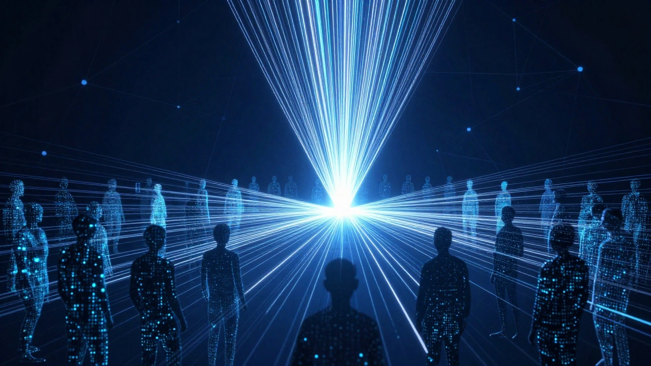 A glowing digital network node broadcasting information to a crowd of data silhouettes.