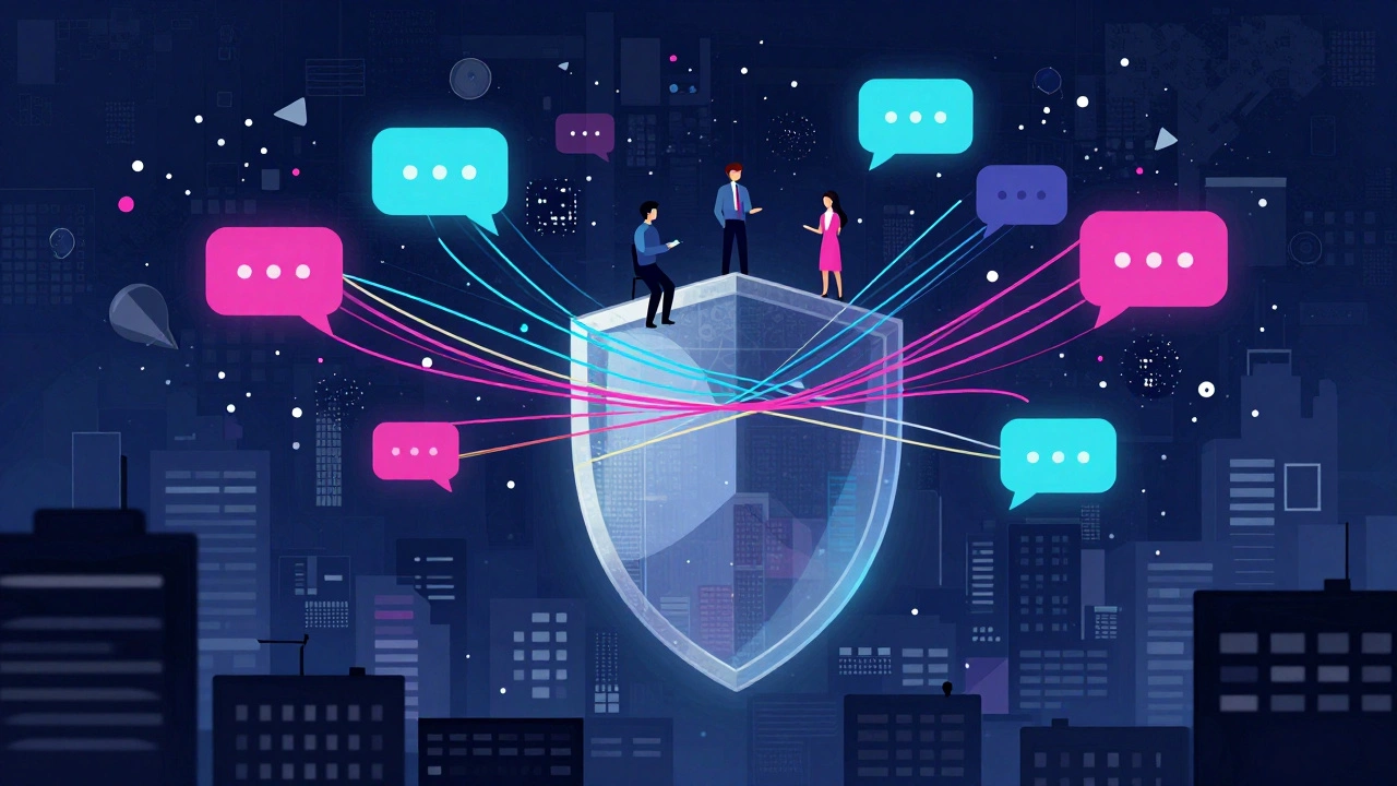 A glowing digital shield protecting a vibrant community of conversation from grey spam pixels.