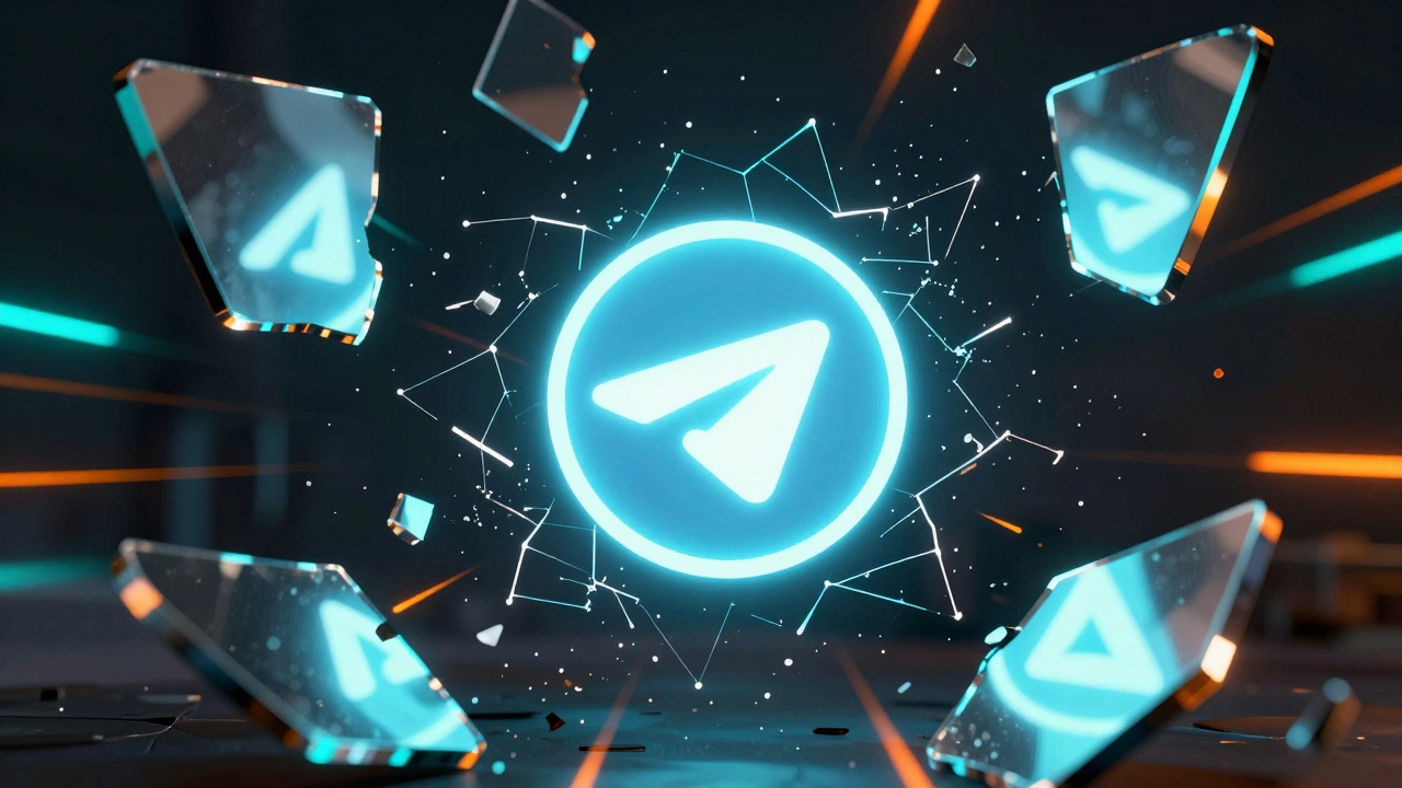 A glowing Telegram logo surrounded by shattering mirror shards in a dark digital space.