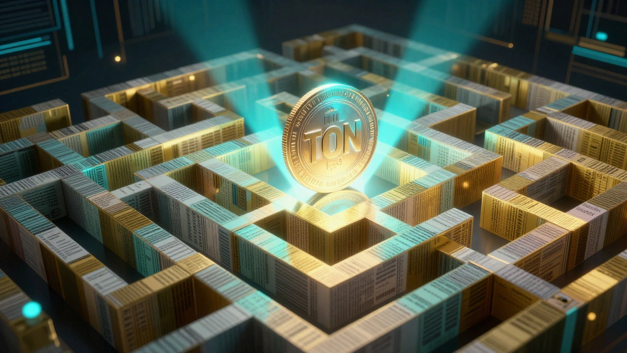 A glowing TON coin inside a digital maze of tax forms and spreadsheets