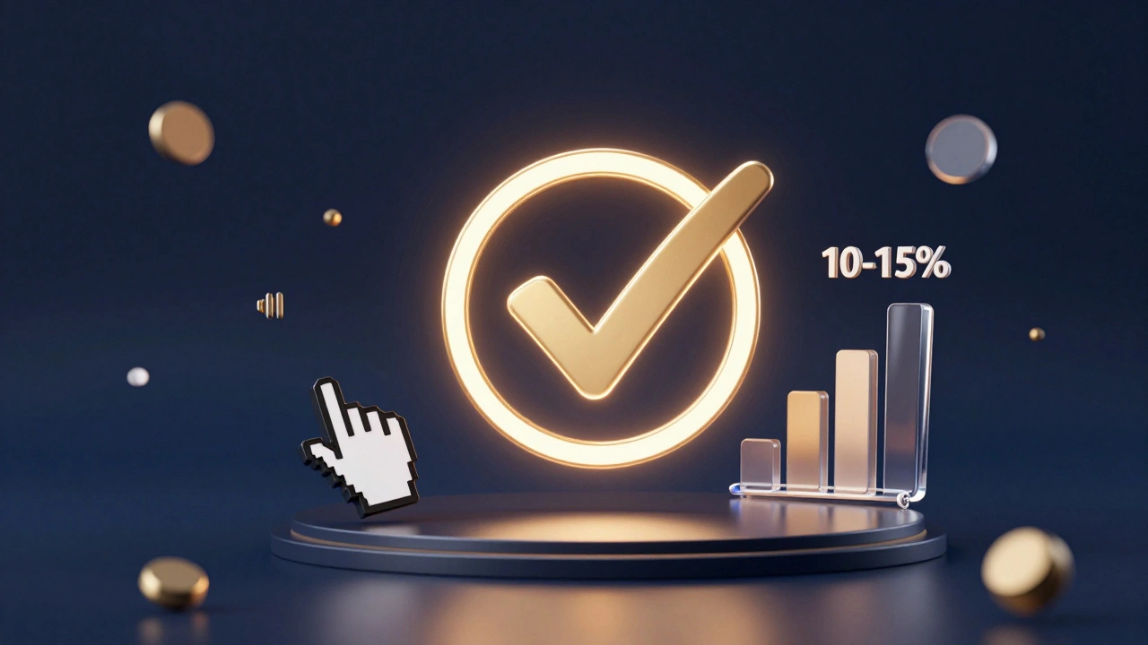 A glowing verified checkmark surrounded by engagement metrics in a professional digital setting.