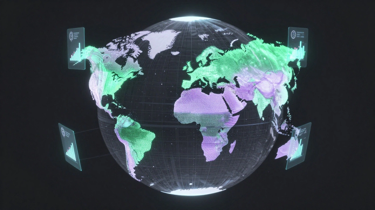 A holographic Earth with data heat maps and clocks marking peak activity in different global regions