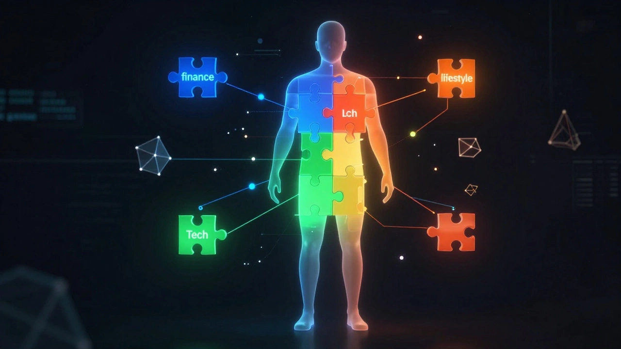 A human silhouette being divided into a colorful 3D puzzle representing different interest segments.