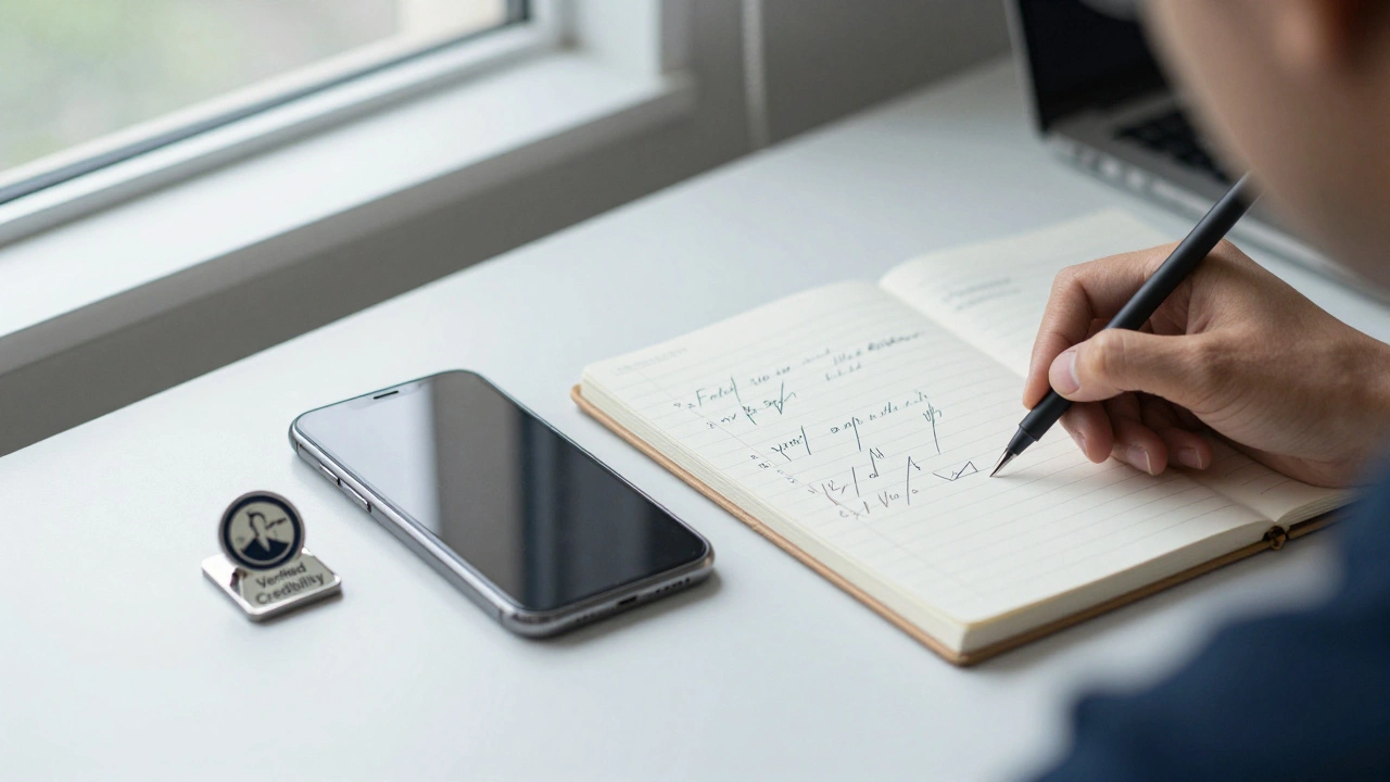 A journalist's desk with a smartphone, correction notes, and a credibility badge