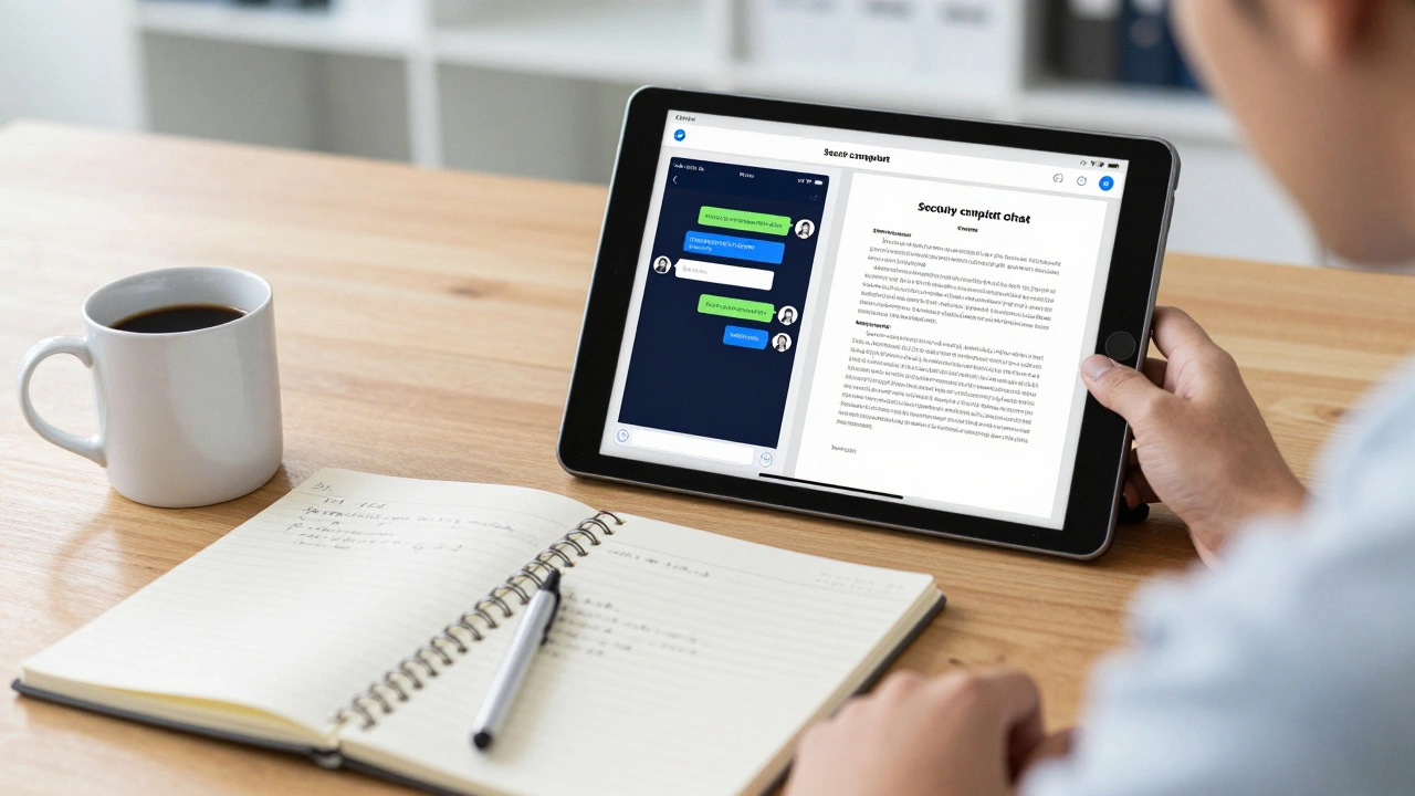 A journalist's desk with a tablet and notes, illustrating the process of source verification.