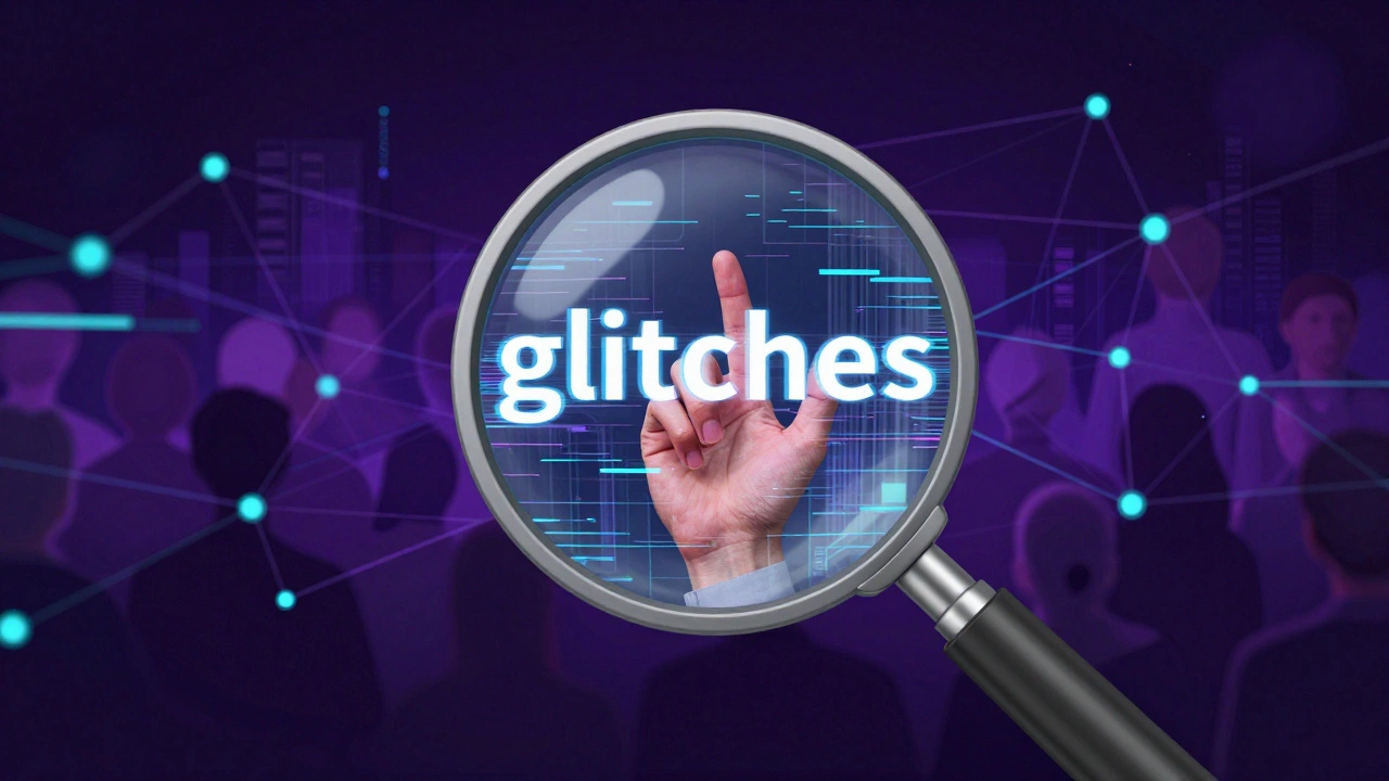 A magnifying glass revealing AI glitches in a digital image over a network background.