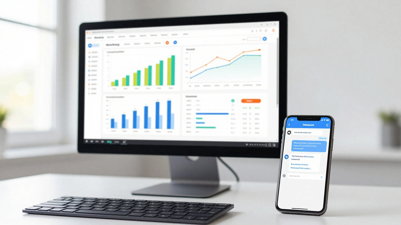 A marketing dashboard on a monitor next to a phone showing a Telegram link.