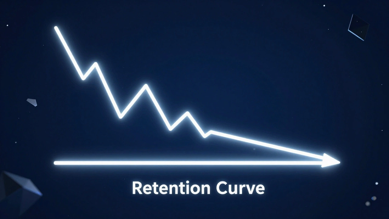 A neon line graph in a dark space showing a steep drop that eventually flattens into a plateau.
