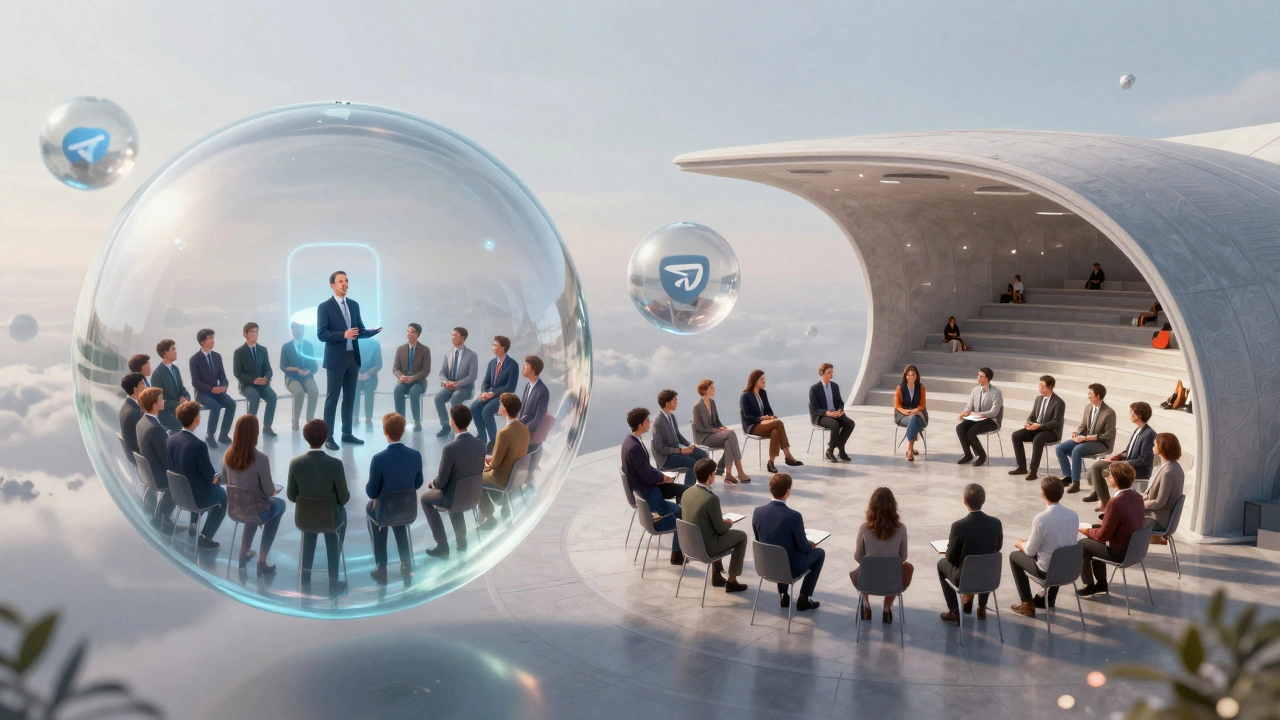 A person in a glass sphere with followers contrasted with a diverse crowd debating in an open amphitheater.