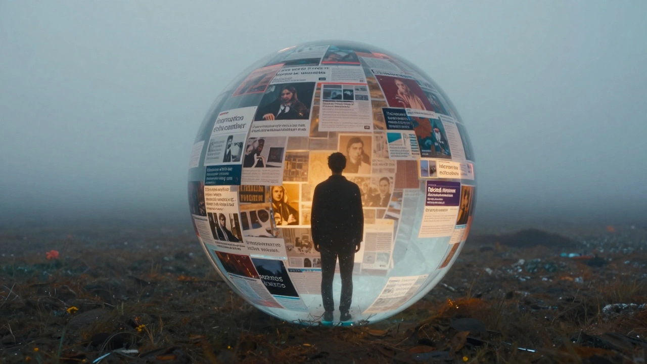 A person inside a glowing crystalline sphere reflecting filtered information.