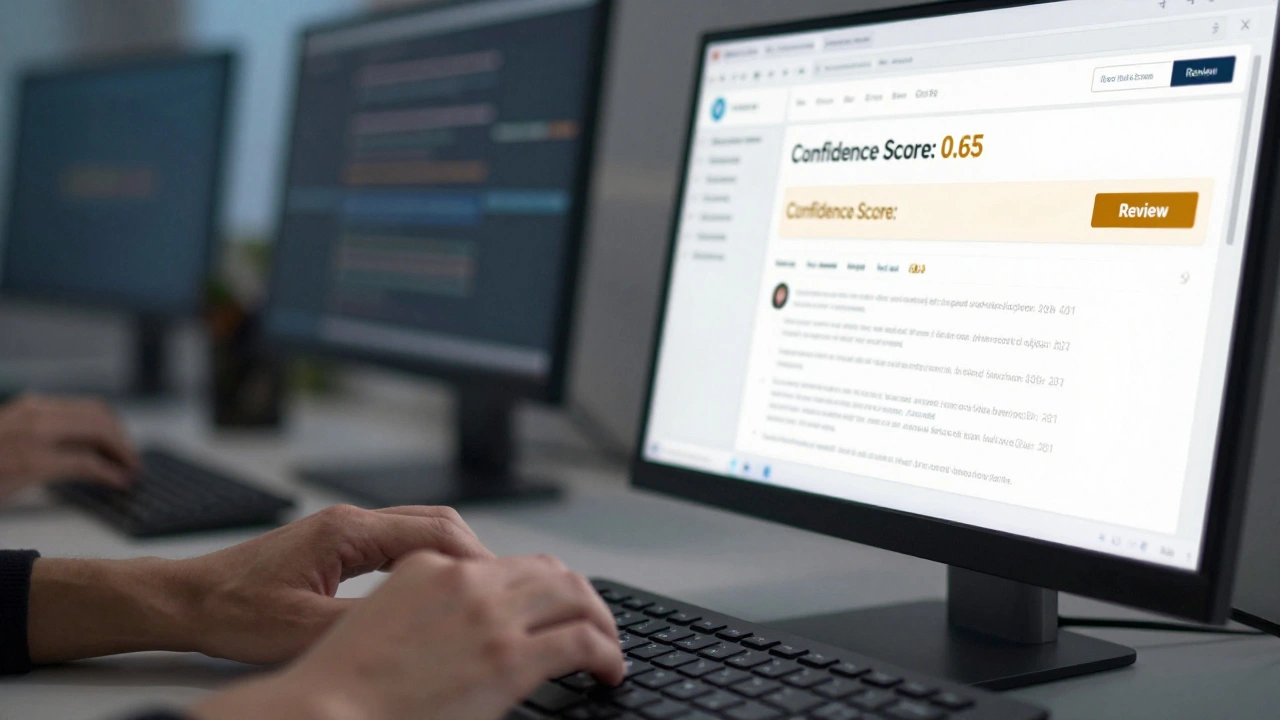 A person reviewing an AI news draft with a medium confidence score on a computer monitor.