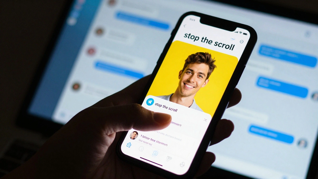 A person scrolling through Telegram, stopping at a high-contrast post with a bright yellow background.