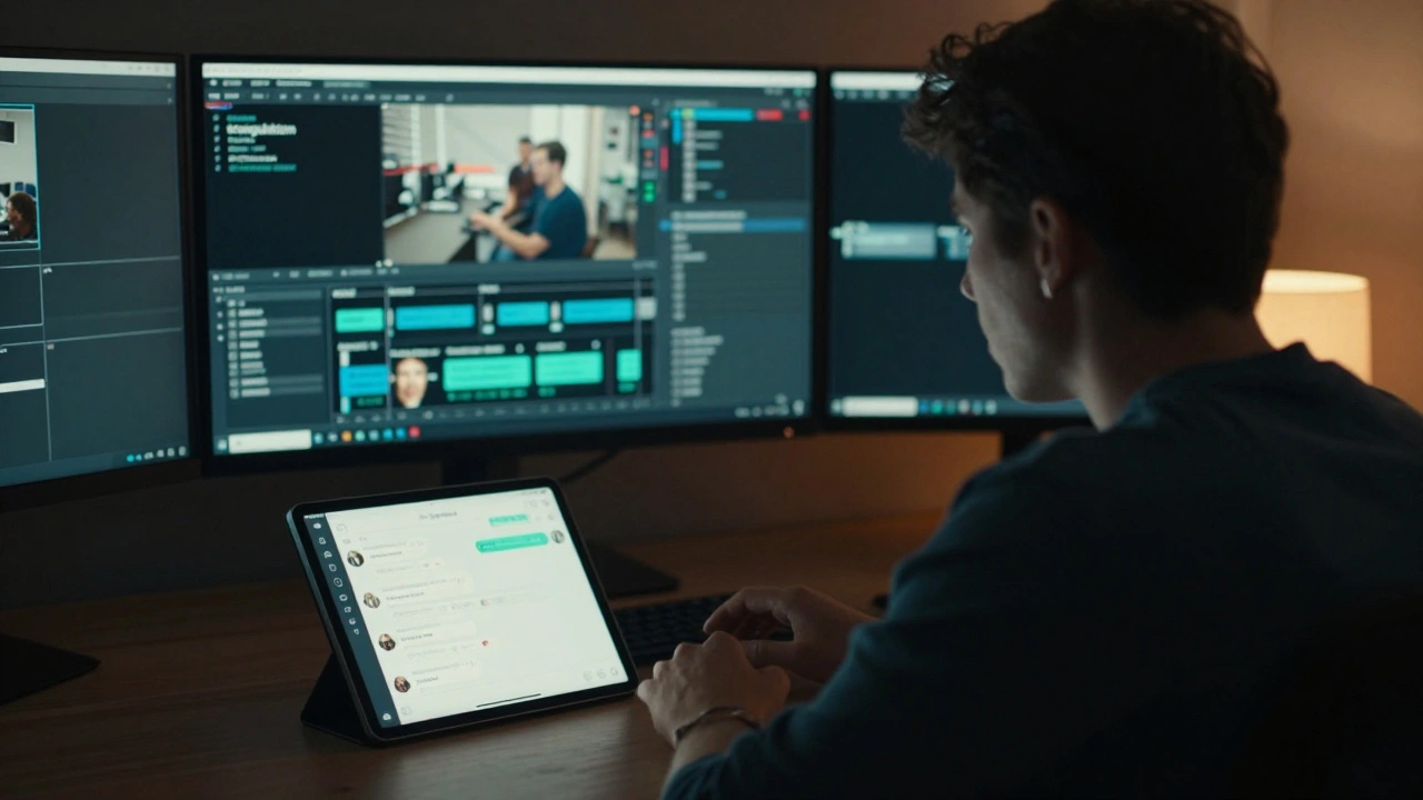 A person using a tablet and monitor to cross-reference news from multiple sources.