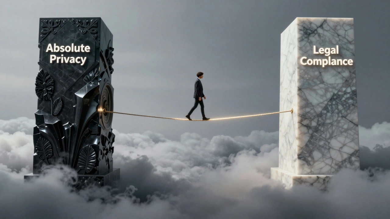A person walking a glowing tightrope between pillars of privacy and legal compliance.