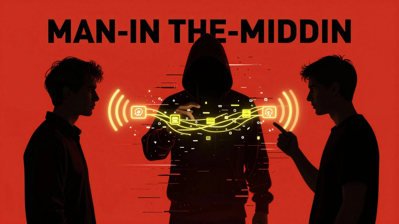 A shadowy figure intercepting a digital data stream between two users in a man-in-the-middle attack.