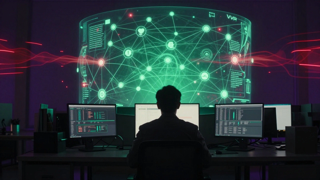 A silhouette of a journalist protected by a holographic digital shield of encrypted networks.