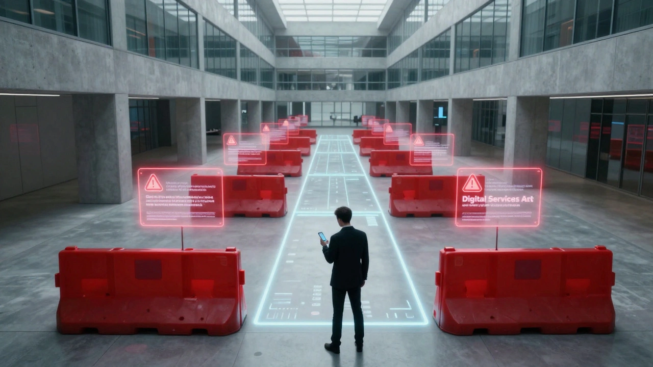 A silhouette of a person facing holographic red barriers in a modern glass environment.