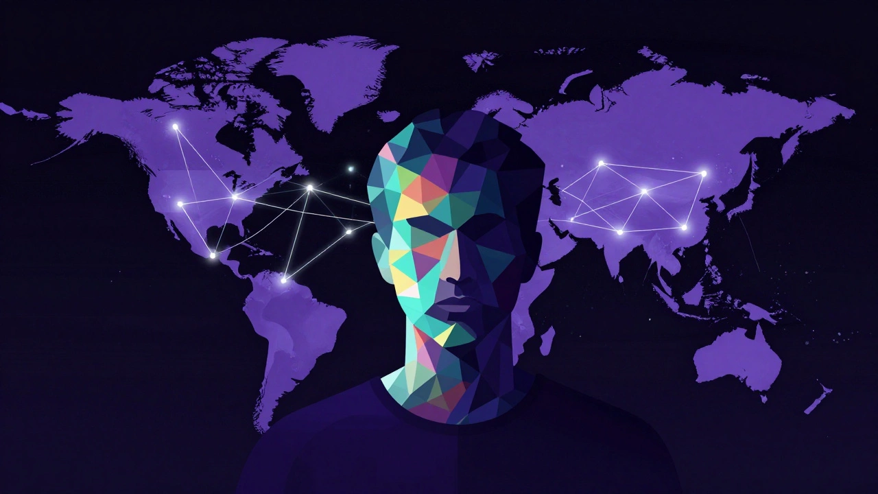 A silhouette of a person with a fragmented face blending into a digital global network.