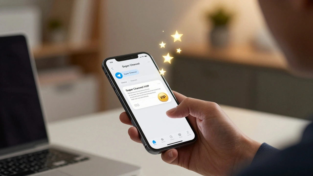 A smartphone displaying a VIP Telegram channel with glowing golden star rewards.