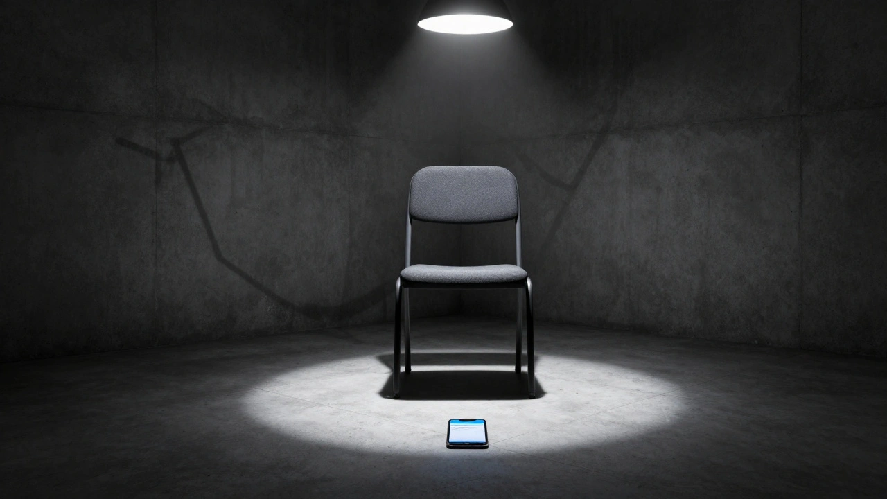 A smartphone lying on the floor of a bleak, dimly lit interrogation room