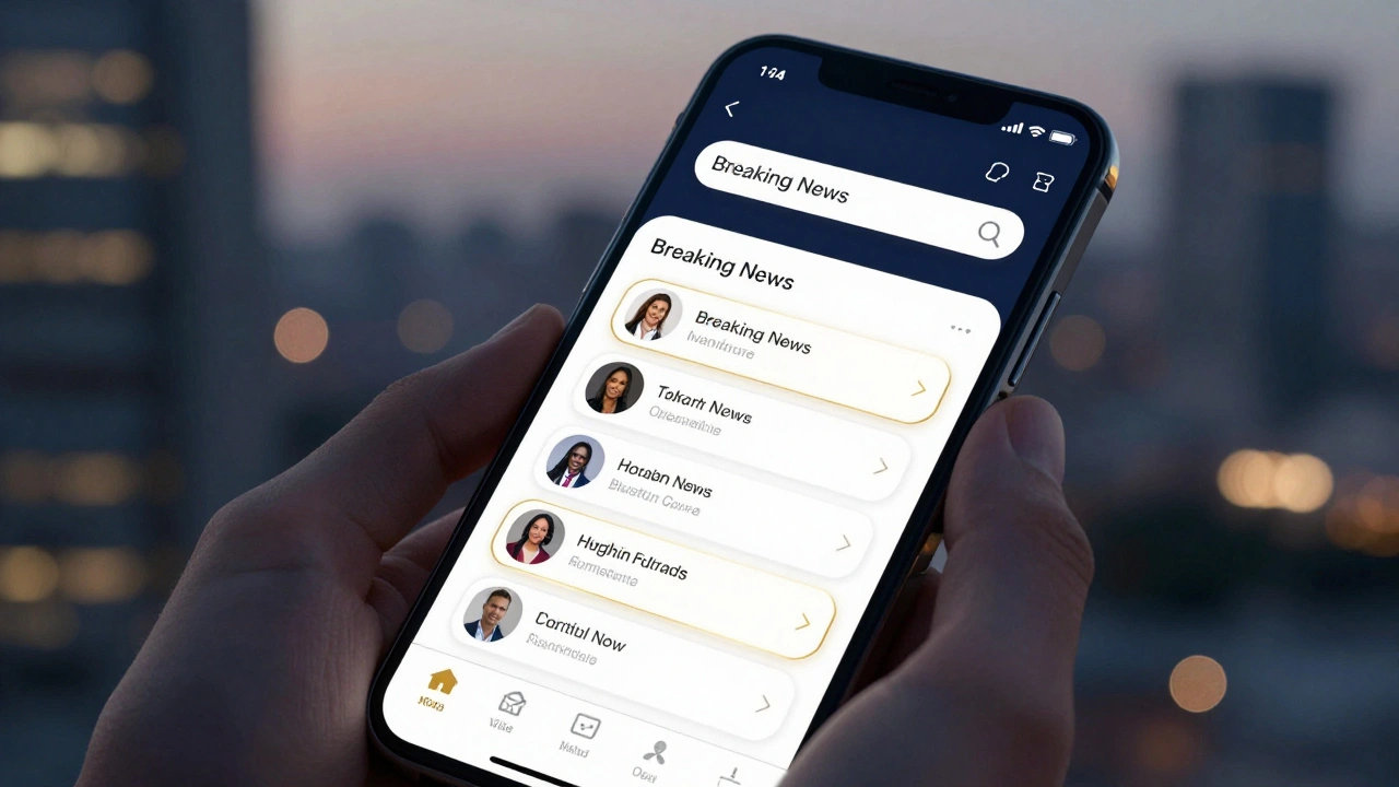 A smartphone screen showing a search for breaking news with a list of verified news channels.